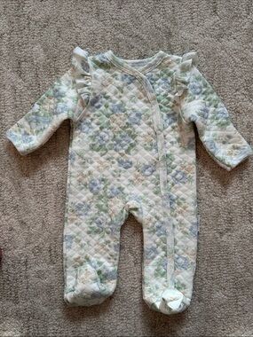 Shabby Chic Baby Quilted Floral Footie in Cream, Green & Blue